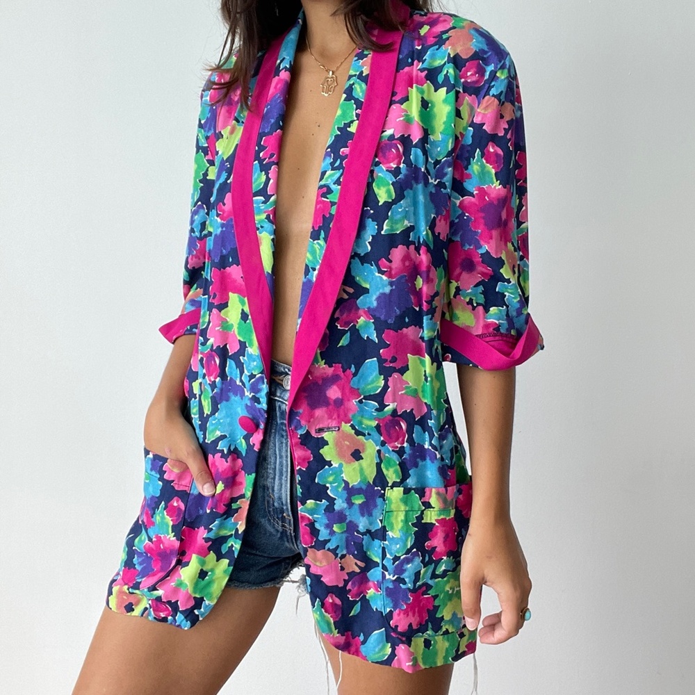 Vintage Floral Blazer with Pink and Blue Accents